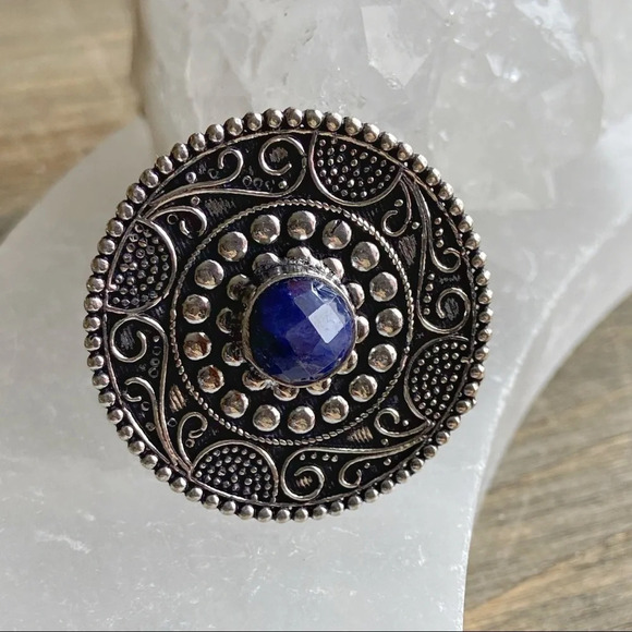 Untreated Sapphire silver big mandala disc oversized ring /maximalist/bohemian - Picture 1 of 9